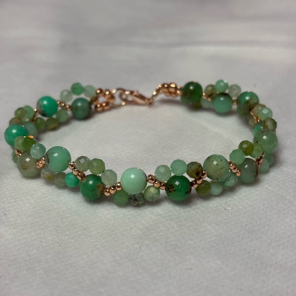 Gina’s Beadiful Accessories Jewelry - Genuine Green Chrysoprase Beaded Bracelet with Gold Clasp 8 inches